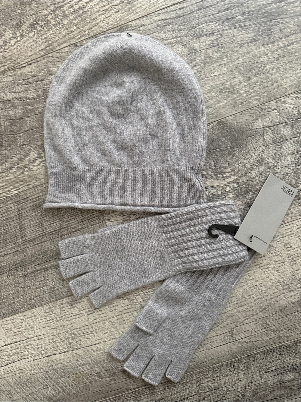 Cashmere Grey Knit Beanie & Fingerless Gloves Set NWT